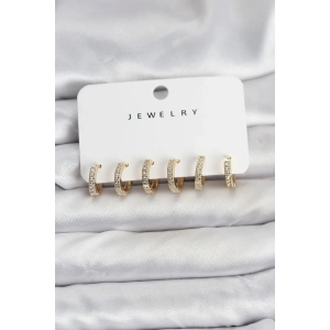 Gold Renk Pirinç Zirkon Taşlı Halka Kadın Küpe Seti