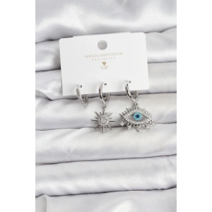 Göz Model Gümüş Renk Pirinç 3lü Kadın Küpe Seti