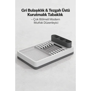 Gri Beyaz Mutfak Bulaşıklığı Tezgah Üstü Kurutmalık Tabaklık Organizer Standı