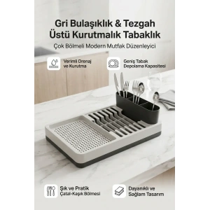 Gri Bulaşıklık Tabaklık Bardaklık Kaşıklık Tezgah Üstü Mutfak Organizeri Standı