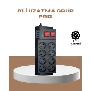 Güçlü Termal Korumalı 8 Priz + 3 USB Çoklu Uzatma Kablosu 2m