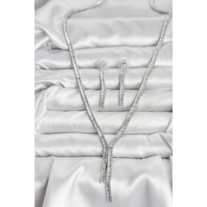 Gümüş Renk Baget Zirkon Taşlı Kadın Kolye Küpe Set