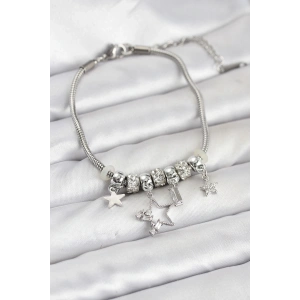 Gümüş Renk Pirinç Yıldız Model Charmlı Kadın Bileklik