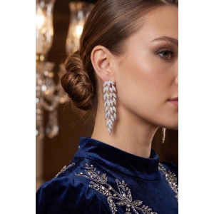 Gümüş Renk Zirkon Taşlı Sarmaşık Yaprak Model Kadın Abiye Küpe