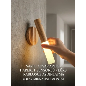 Günışığı LED Şarjlı Duvar Aplik Ahşap Renk Hareket Sensörlü Kablosuz Lüks Lamba Modeli