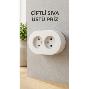 İkili Beyaz Topraklı Priz Modern Sıva Üstü Tasarım Duvar Elektrik Prizi