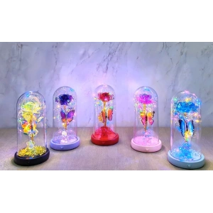 Işıklı Müzikli Romantik Kelebekli Fanus içinde Gül