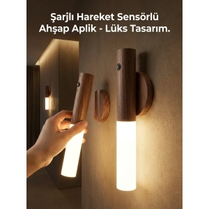 Kablosuz Şarjlı LED Ahşap Renk Lüks Aplik Hareket Sensörlü Günışığı Duvar Lambası