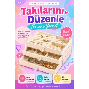Kadife Kaplamalı Şeffaf Takı Kutusu Çekmeceli Saat Yüzük Kolye Organizeri