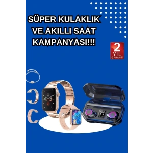 Kadınlar İçin 3 Kordonlu Akıllı Saat ve Dijital Göstergeli Powerbankli Bluetooth Kulaklık Dokunmatik Kontrol