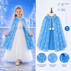Kar Tanesi Desenli Mavi Elsa Pelerini - Astarlı Frozen Pelerini 85 cm (5047)