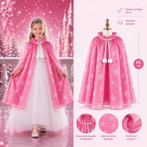 Kar Tanesi Desenli Pembe Elsa Pelerini - Astarlı Frozen Pelerini 85 cm (5047)