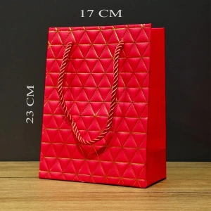 Kırmızı Geometrik Desenli Orta Boy Karton Hediye Çantası