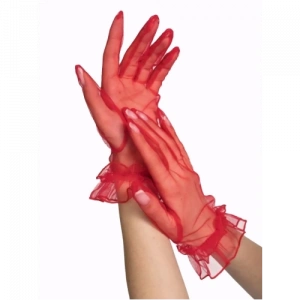 Kısa Boy Likralı Güpürlü Yetişkin Tül Eldiven Kırmızı Renk