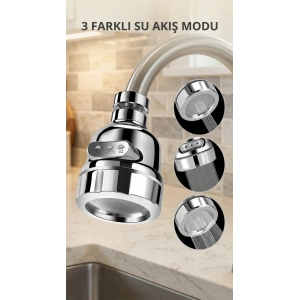 Krom Döner 3 Fonksiyonlu Su Tasarruflu Musluk Başlığı Mutfak Lavabo Aparatı