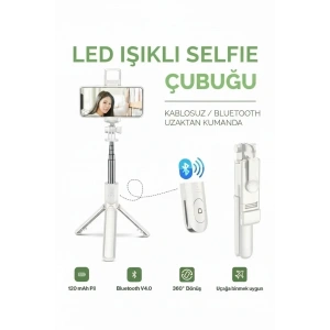 Led Işıklı Selfie Çubuğu Bluetooth Kumandalı Kablosuz Tripot Selfie Monopod Selfie Stick (Beyaz)