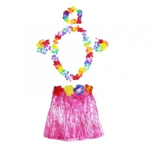 Luau Aloha Hawaii  Kolye Etek Taç ve Bileklik Seti Pembe (5047)