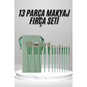 Makyaj Fırça Seti Yeşil 13 Parça Fondöten Fırçası Allık Fırçası Far Fırçası