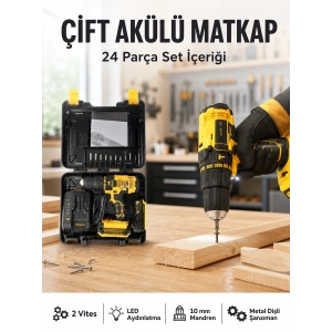 Matkap Seti 24 Parça Çift Bataryalı Darbeli Led Işıklı Vidalama Yeni Nesil
