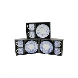 MAVİ - BEYAZ 4PCS=2-TAKIM  PORSELEN KAHVE FİNCANI  ÇİÇEK - ÇİZGİ - NOKTA MİX DESEN (5047)