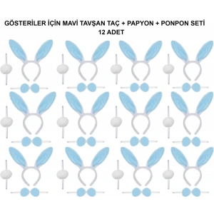 Mavi Tavşan Kostüm Seti – Taç, Papyon, Ponpon (12’li Paket) (5047)