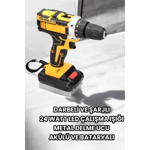 Metal Dişli 24W Akülü Matkap -Çift Bataryalı ve LED Çalışma Işığı ile Tam Set