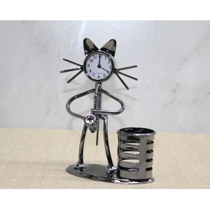 Metal Saksafon Çalan Kedi Müzisyen Saat Ve Kalemlik Alk4343