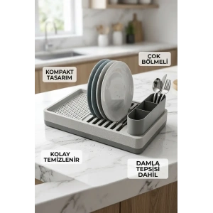 Minimal Gri Tezgah Üstü Bulaşıklık Tabak Bardak Kaşık Kurutmalık Mutfak Rafı