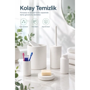 Modern Tasarımlı 5 Parça Banyo Aksesuar Seti Beyaz Renk Sabunluk ve Fırçalık Dahil
