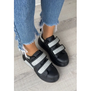 Nino Siyah Cilt Simli Cırt Cırtlı Spor Ayakkabı