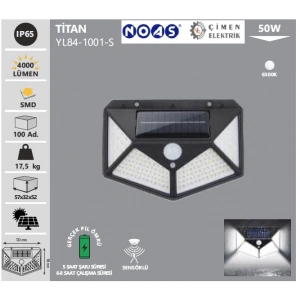 NOAS YL84 1001 S TİTAN 50W Siyah Sensörlü Solar Aplik  Beyaz Işık 6500K