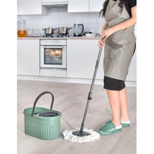 Otomatik Mop Seti Paspas ve Sıkma Kovası, 360° Döner Başlıklı Mikrofiber Yer Temizleme Yeşil