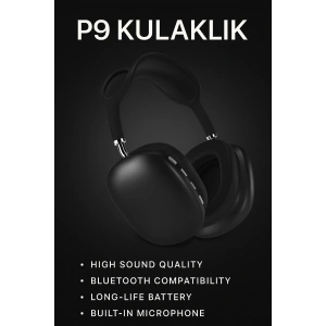 P9 Bluetooth 5.0 Kablosuz Siyah Kulaklık Mikrofonlu Uzun Pil Yüksek Bass ANC