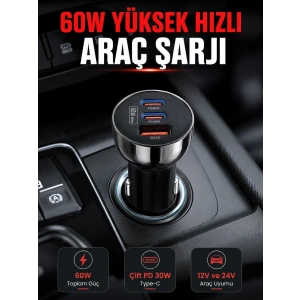 PD 30W Çift USB-C Araç Şarj Cihazı 60W Hızlı Şarj Adaptörü
