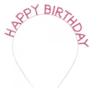 Pembe Kristal Taşlı Gold Happy Birthday Taçı