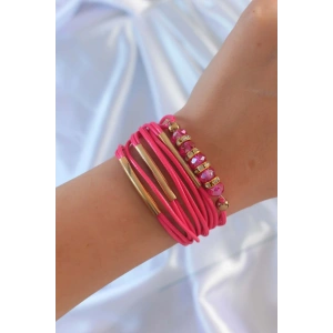 Pembe Renk Zirkon Taşlı Metal Aksesuarlı İpli Çoklu Bileklik