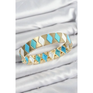 Pirinç Baklava Desenli Mavi Beyaz Gold Renk Lastikli Kadın Bileklik