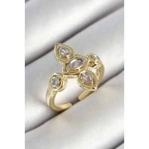 Pirinç Beş Taş Trend Figür Zirkon Taşlı Gold Renk Ayarlanabilir Kadın Yüzük