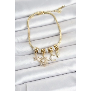 Pirinç Gold Renk Gündüz ve Gece Temalı Charmlı Kadın Bileklik