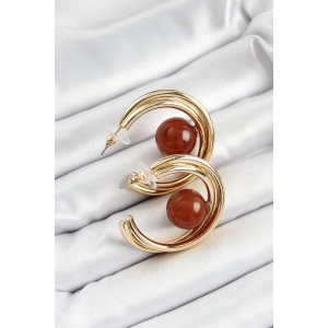 Pirinç Gold Renk Halka Model Kahverengi Boncuk Detay Kadın Küpe