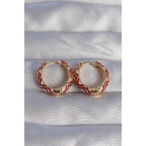 Pirinç Gold Renk Kırmızı Etnik Desenli Halka Küpe
