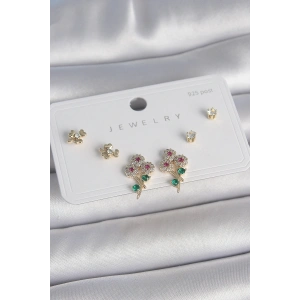 Pirinç Gold Renk Renkli Zirkon Taşlı Çiçek Model Yaprak Detay 925 Ayar Gümüş Çivi Kadın Küpe Seti