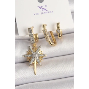 Pirinç Gold Renk Sallantı Zirkon Taşlı Kutup Yıldız Model 3Lü Kadın Kombin Küpe