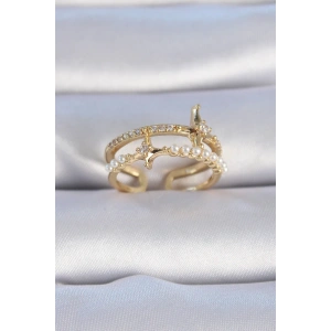 Pirinç Gold Renk Zirkon Taşlı İnci Detay Kutup Yıldızı Model Kadın Yüzük