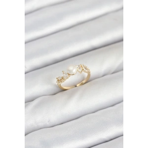 Pirinç Gold Renk Zirkon Taşlı İncili Model Kadın Yüzük