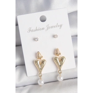 Pirinç Gold Renk Zirkon Taşlı İncili Sallantılı Kalp Model 3 Çift Kadın Küpe Seti