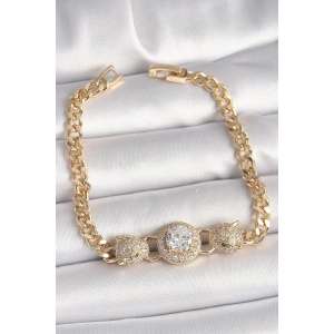 Pirinç Gold Renk Zirkon Taşlı Leopar Figür Zincir Model Kadın Bileklik