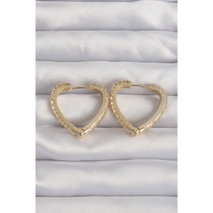 Pirinç Gold Renk Zirkon Taşlı Motifli Kalp Küpe