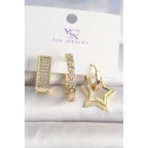Pirinç Gold Renk Zirkon Taşlı Yıldız Figür Halka Model 3Lü Kadın Kombin Küpe