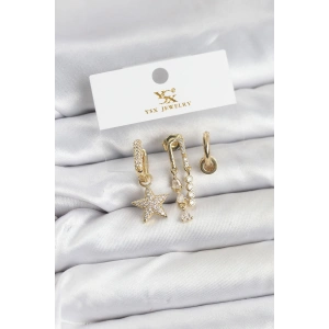 Pirinç Gold Renk Zirkon Taşlı Yıldız Vintage Model YSX Trio Küpe Seti
